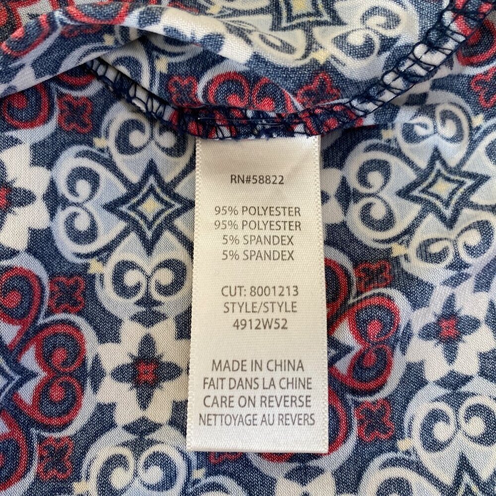 MAX STUDIO, EUC, red blue floral geometric stretch 3/4 sleeve, S - Picture 3 of 4